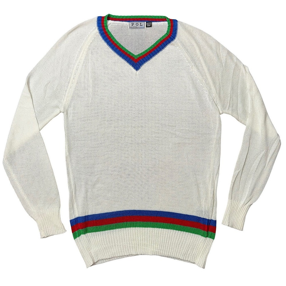 POL Vintage White V-Neck Knit Sweater Striped Trim SZ794 Large Mens Womens